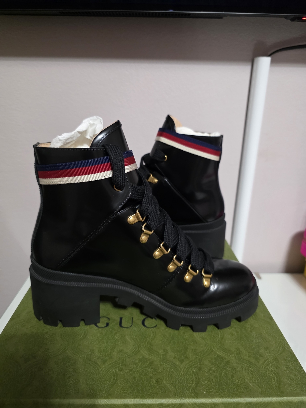 Gucci Sylvie Black Leather Lug-Sole Ankle Boots with Red-White-Blue Trim